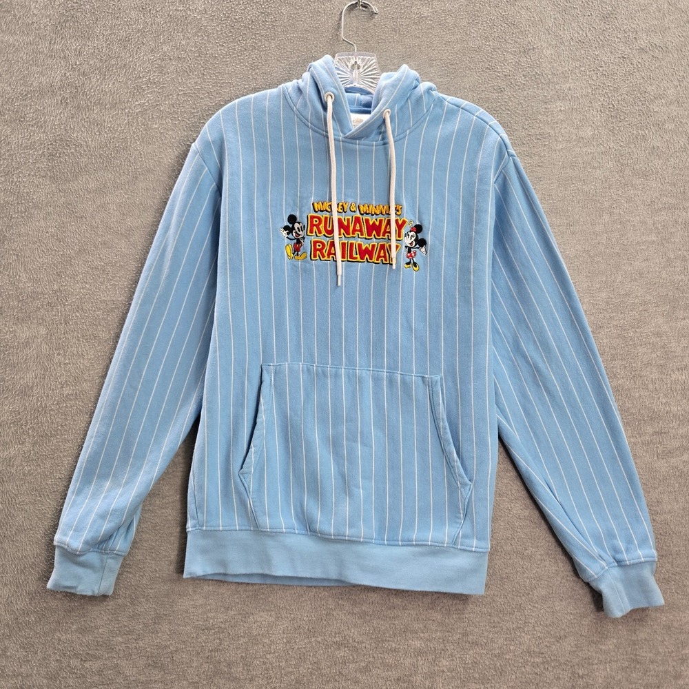 Disney Parks Women Sweatshirt Large Blue Striped Hoodie Runaway Railway READ